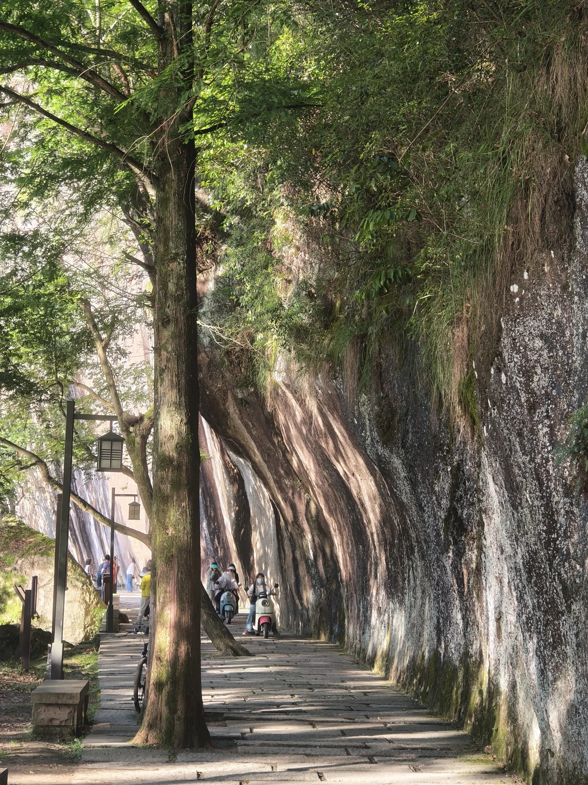 小赤壁红色岩壁下的林间步道
