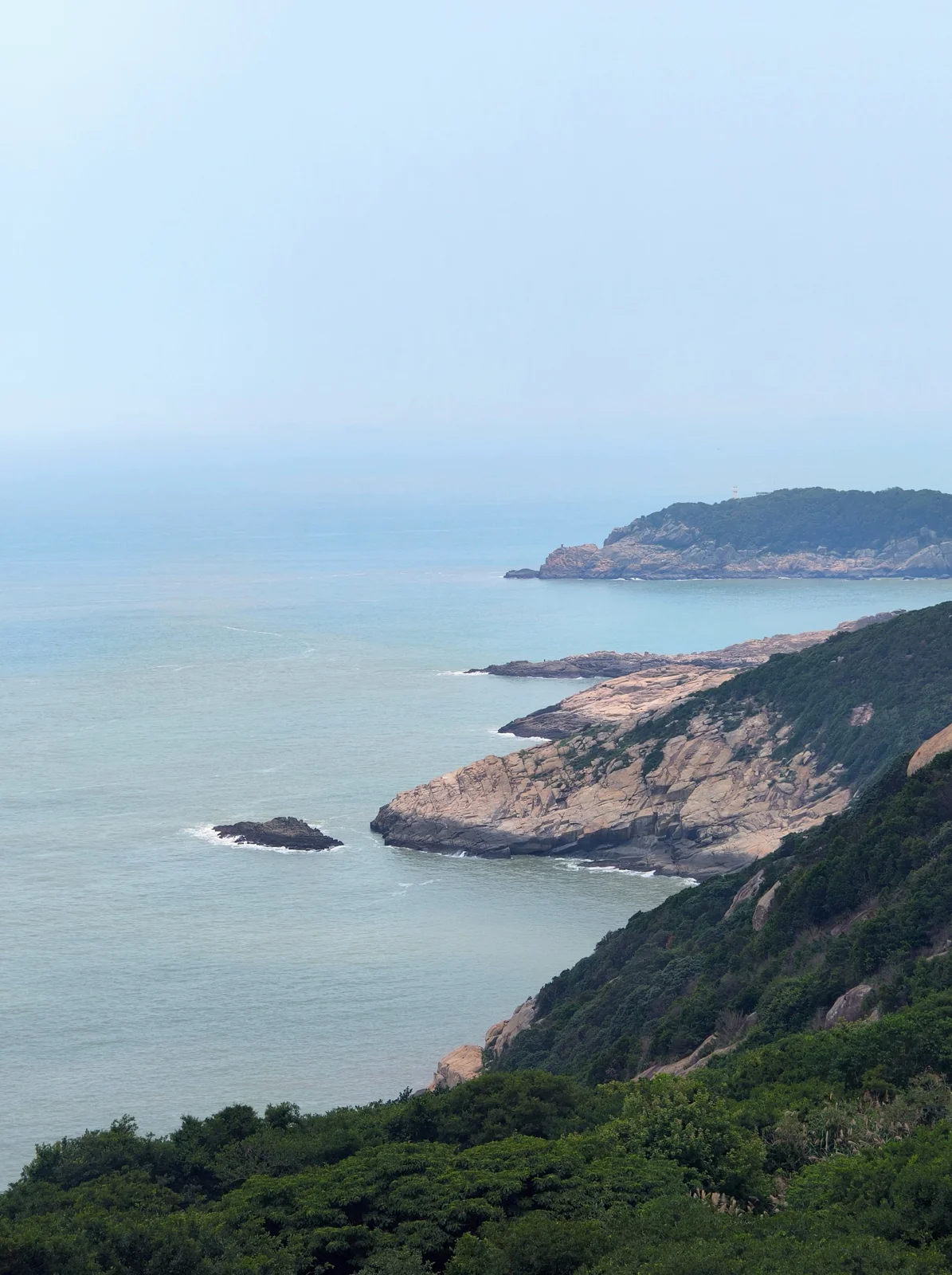 大青山沿海的礁石与碧海，植被覆盖的山坡延伸至海边