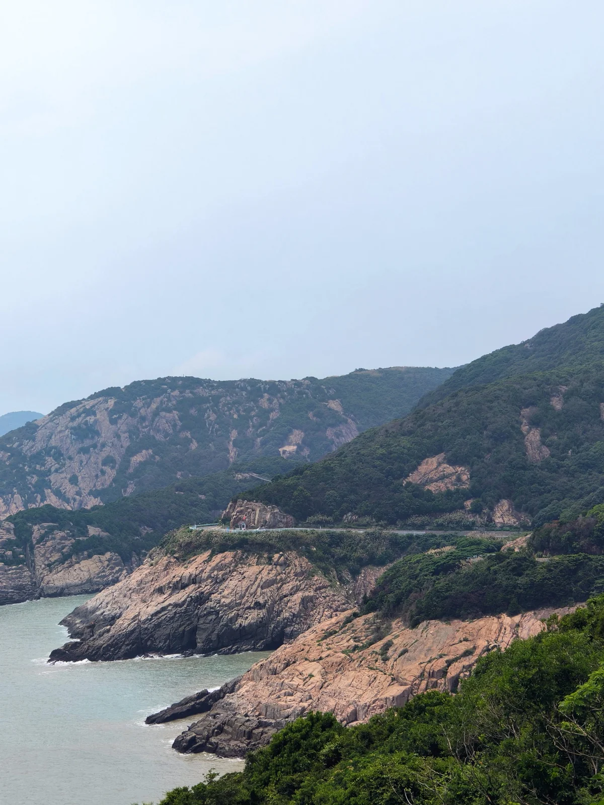 大青山沿海的礁石与碧海，植被覆盖的山坡延伸至海边