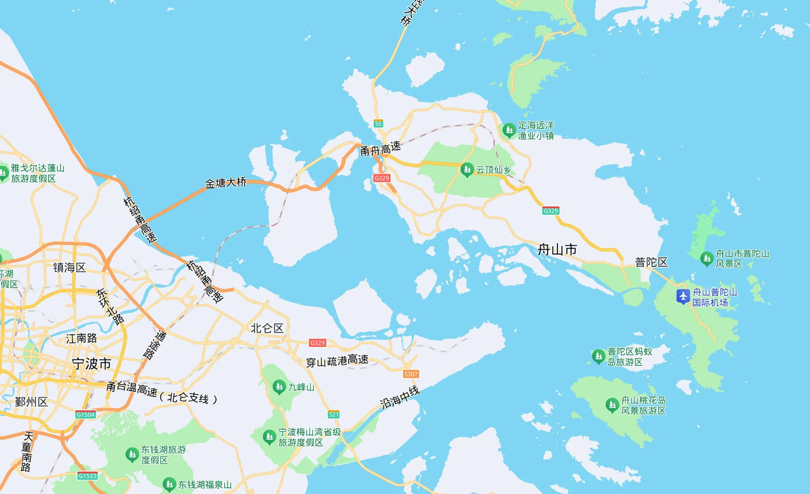 舟山群岛地图，标注了宁波、舟山主岛、普陀山及周边岛屿的位置关系