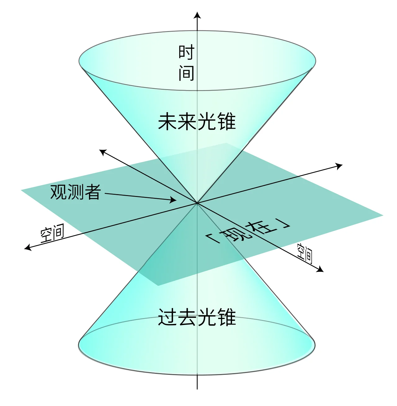 闵可夫斯基时空图示意:时间纵轴与空间平面交汇于观测者原点,上下为未来与过去光锥