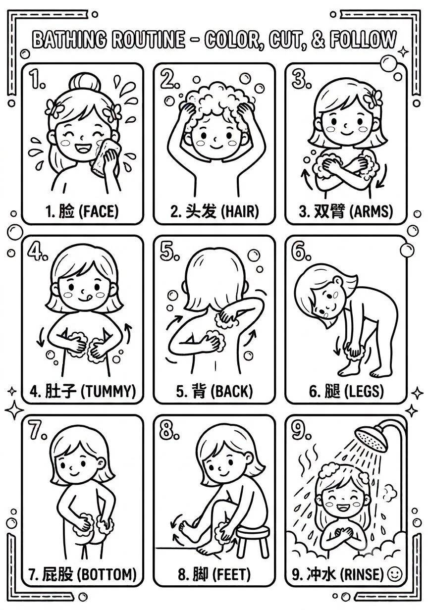 黑白卡通风格的洗澡步骤图,标题为 BATHING ROUTINE - COLOR, CUT, & FOLLOW,九个编号方格依次画出卡通女孩洗脸、洗头、洗手臂、洗肚子、洗背、洗腿、洗屁股、洗脚和冲水