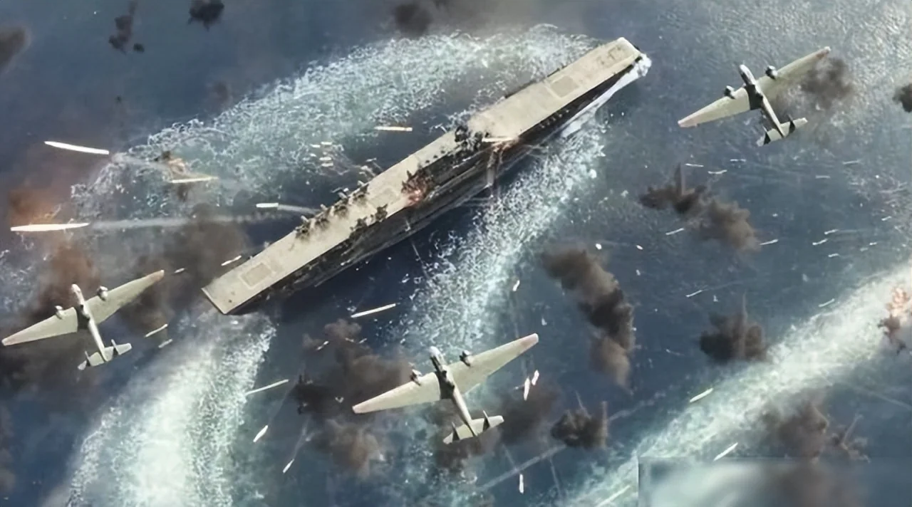Overhead view of an aircraft carrier under attack, flight deck smoking as twin-tail propeller planes sweep low.