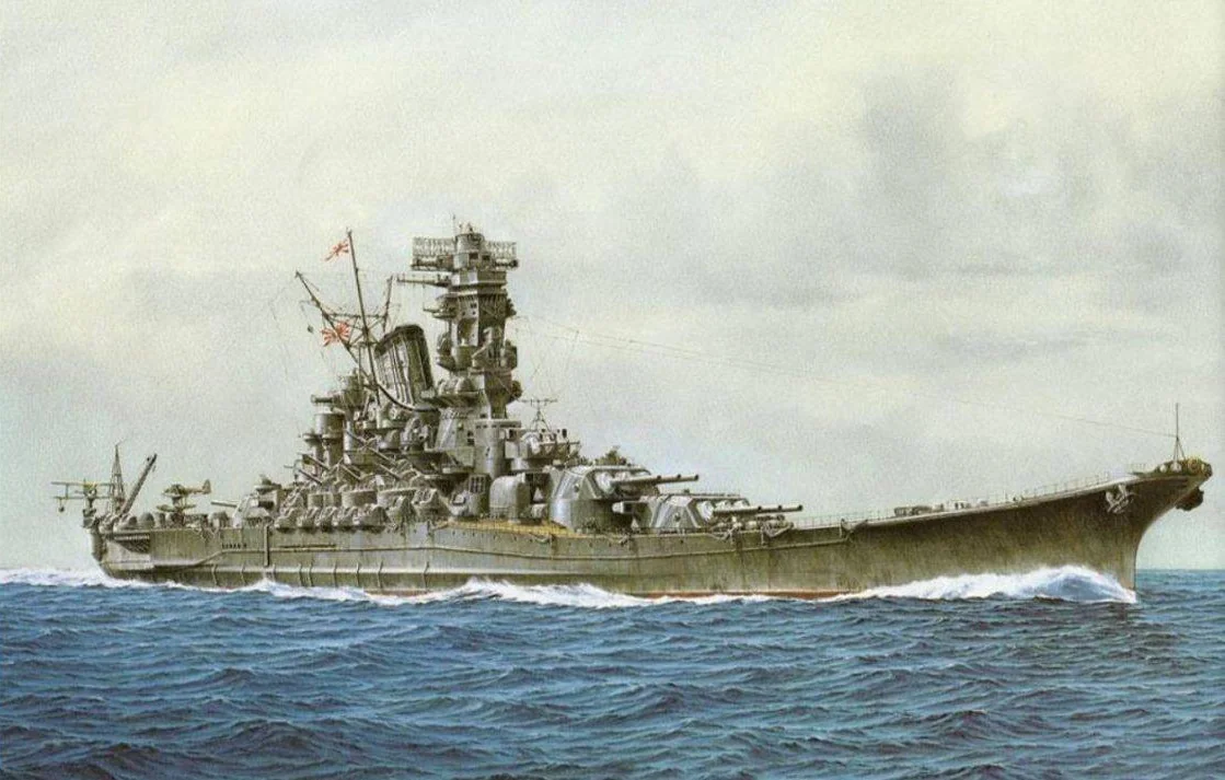 Three-quarter view of a Yamato-class battleship with pagoda bridge, two forward triple turrets, and a bow crest.