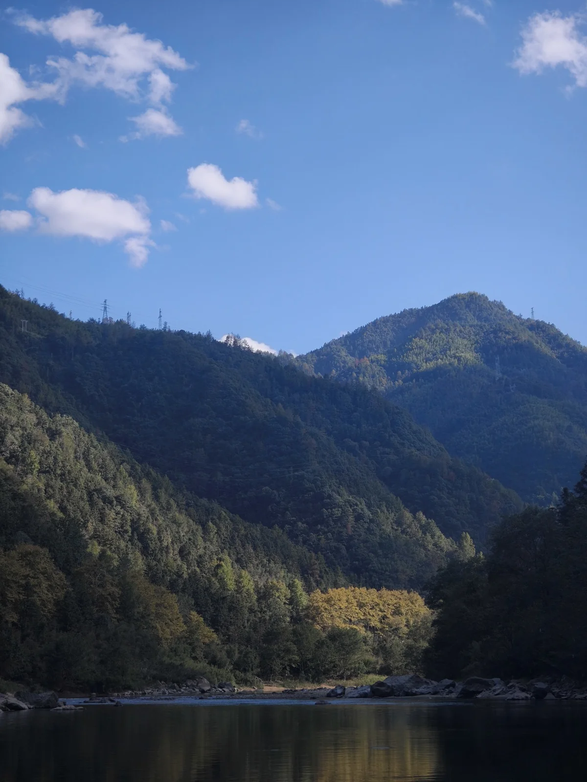 碧绿的溪水被两岸青山夹住，岸边一丛树叶已经转黄
